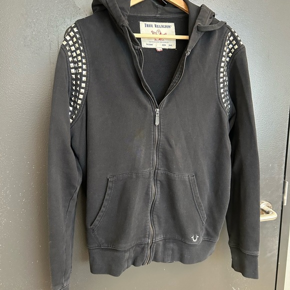 True Religion L unisex Black Studded Hoodie vintage Y2K faded and worn Y2K - Picture 2 of 14
